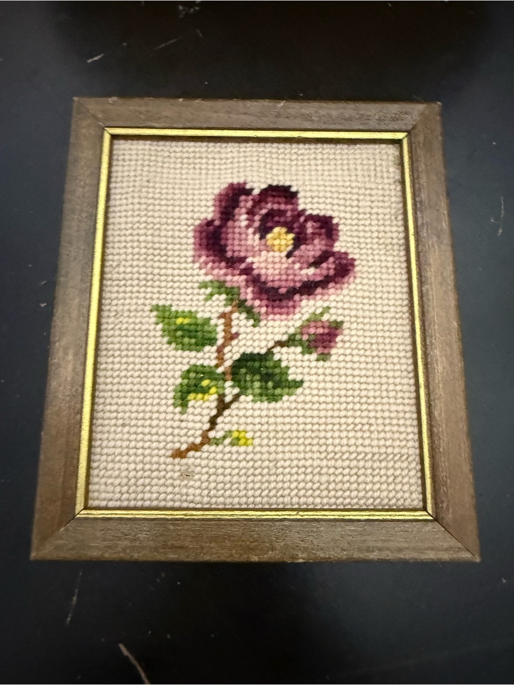 Floral Needlepoint Wood Framed 6x7 Needlepoint Picture Wall Art VTG